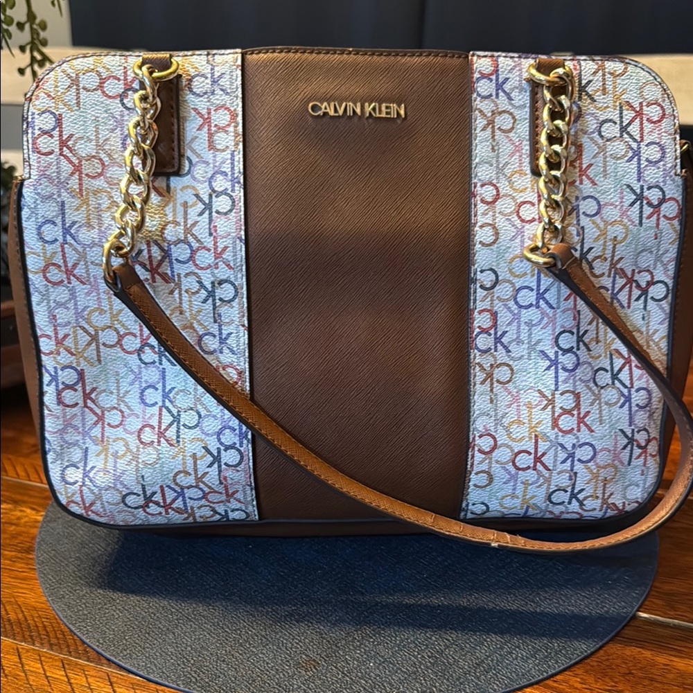 Calvin Klein Brown Shoulder Bag with Monogram Pattern